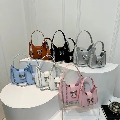 Mujeres Moda PU Cuero Bolso de Hombro Minimalista Color Sólido Pequeño Bolso de Mano Tendencia Lazo Cadena Bolso Bandolera