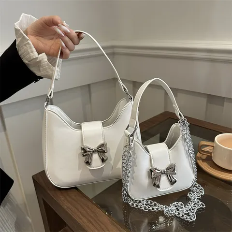 Mujeres Moda PU Cuero Bolso de Hombro Minimalista Color Sólido Pequeño Bolso de Mano Tendencia Lazo Cadena Bolso Bandolera