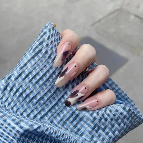 Uñas Postizas Ataúd Largo Uñas Falsas Polvo Niebla Estampado Vaca Dulce Estilo Fresco Uñas Postizas Consejos de Uñas Artificiales para Mujeres