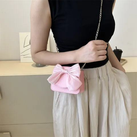 Women Fashion PU Leather Small Square Bag With Big Bow And Metal Chain Crossbody Shoulder Bag Cute Casual Handbag