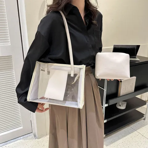 Borsa Tote in PVC Trasparente Borsa Jelly Trasparente Minimalista Con Tasca Interna Borsa a Tracolla Casual Per Donna Lavoro Quotidiano