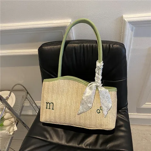 Womens Straw Tote Bag Casual Woven Handbag With Scarf Letter Embroidery Top Handle Beach Vacation Shoulder Bag