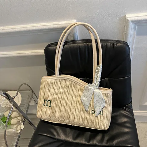 Womens Straw Tote Bag Casual Woven Handbag With Scarf Letter Embroidery Top Handle Beach Vacation Shoulder Bag