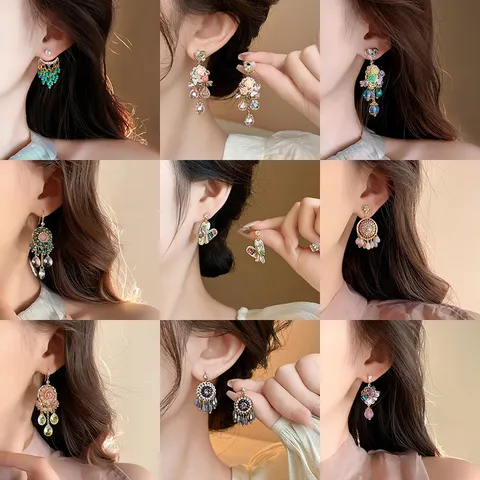 Luxury Alloy Rhinestone Flower Drop Earrings With Silver Earring Post Elegant Heart Bowknot Artificial Pearl Tassel Earrings For Women Wedding Party Jewelry