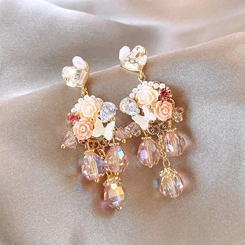 Luxury Alloy Rhinestone Flower Drop Earrings With Silver Earring Post Elegant Heart Bowknot Artificial Pearl Tassel Earrings For Women Wedding Party Jewelry