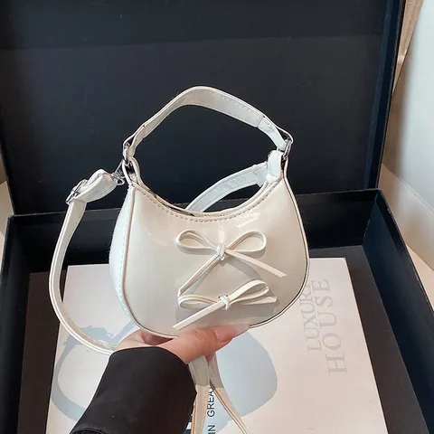 Sweet Bowknot Women Shoulder Bag PU Leather Minimalist Solid Color Mini Crescent Bag Fashion Daily Handbag