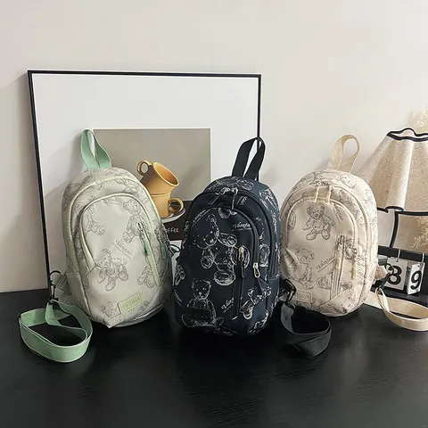 Cute Bear Print Nylon Crossbody Chest Bag Casual Lightweight Travel Shoulder Bag Fashion Daily Bag For Women