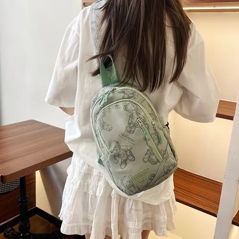 Cute Bear Print Nylon Crossbody Chest Bag Casual Lightweight Travel Shoulder Bag Fashion Daily Bag For Women
