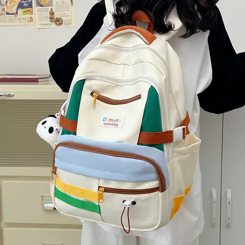 Große Kapazität Nylon Schulrucksack Für Frauen Casual Farbblock College Student Büchertasche Stilvoller Reise Tagesrucksack