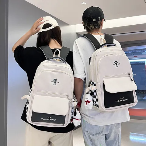 Große Kapazität Kontrastfarbe Schule Rucksack Für Studenten Lässige Nylon Schultasche Mit Niedlichem Anhänger Reise Tagesrucksack