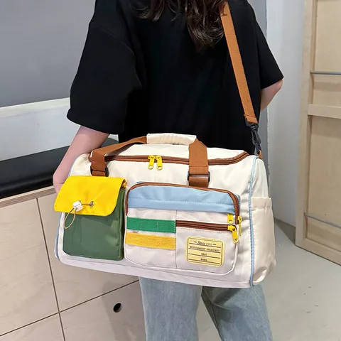 Große Kapazität Reisetasche Wasserdichtes Segeltuch Sport Fitness Umhängetasche Farbblock Weekender Tasche Für Damen