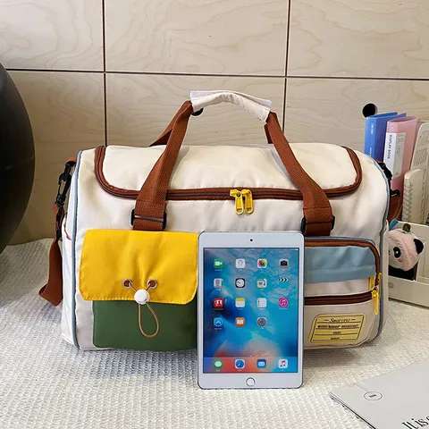 Große Kapazität Reisetasche Wasserdichtes Segeltuch Sport Fitness Umhängetasche Farbblock Weekender Tasche Für Damen