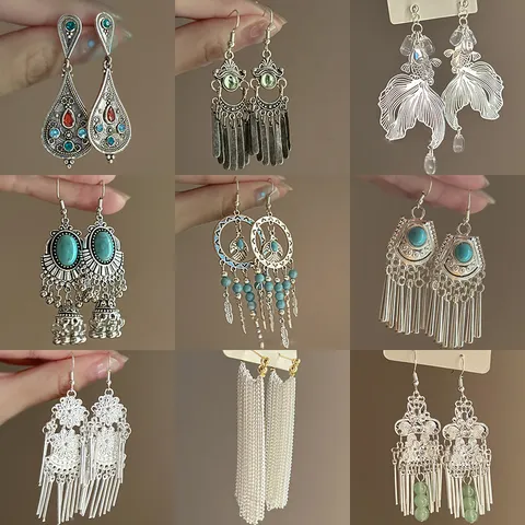 Ethnic Style Tassel Drop Earrings For Women New Chinese Vintage Copper Rhinestone Artificial Pearl Bohemian Vacation Jewelry