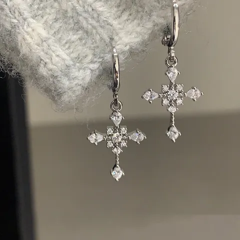 Punk Copper Zirconia Cross Dangle Hoop Earrings Shiny Bling Crystal Pave Huggie Earrings Luxury Gothic Jewelry For Women Gift