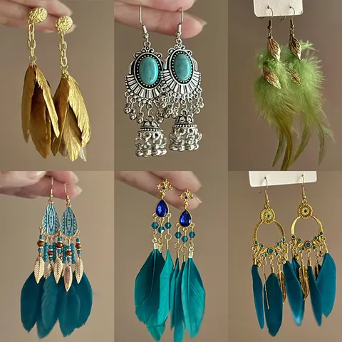 Bohemian Vintage Alloy Feather Tassel Drop Earrings For Women Exaggerated Geometric Statement Rhinestone Fringe Dangle Earrings Party Vacation Jewelry