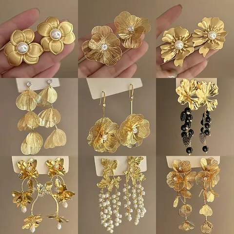 Exaggerated Zinc Alloy Flower Tassel Drop Earrings For Women Luxury Artificial Pearl Rhinestone Dangle Earrings Fashion Jewelry Gift With 925 Sterling Silver Earring Post
