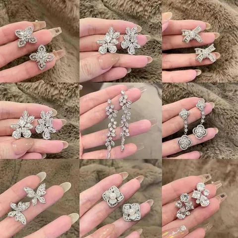 Luxury Alloy Rhinestone Drop Earrings For Women Geometric Butterfly Flower Tassel Silver Post Statement Earrings Jewelry Gift