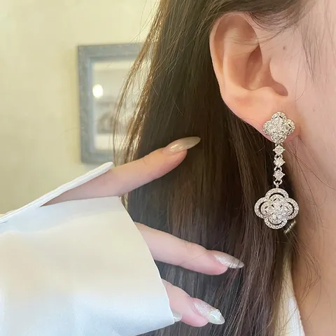 Luxury Alloy Rhinestone Drop Earrings For Women Geometric Butterfly Flower Tassel Silver Post Statement Earrings Jewelry Gift
