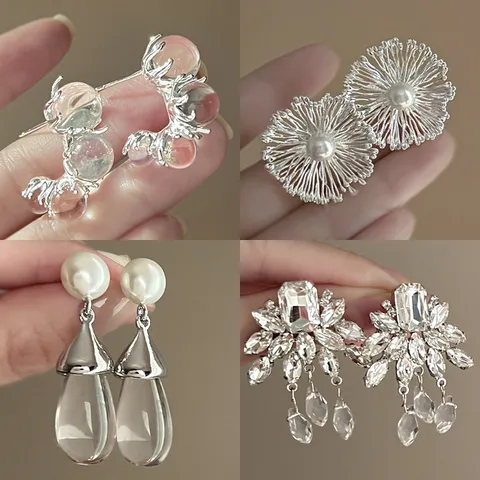 Fashion Alloy Rhinestone Flower Stud Earrings With 925 Sterling Silver Earring Post Elegant Geometric Artificial Pearl Water Drop Earrings For Women Jewelry