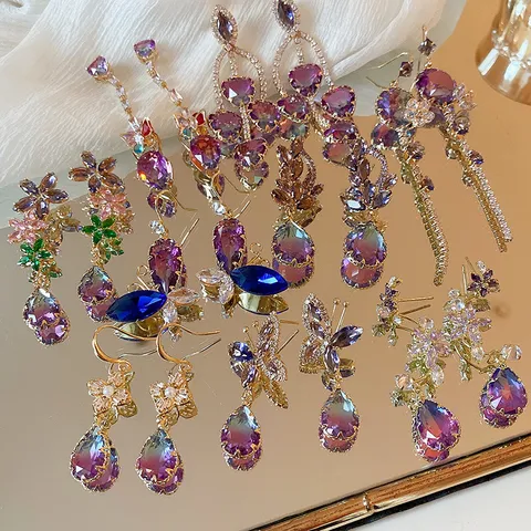 Elegante Kupfer Strass Hängeohrringe Mit 925 Sterling Silber Ohrstecker-Stift Elegante Blume Schmetterling Herz Quaste Ohrringe Für Damen