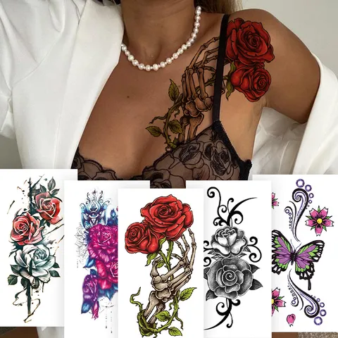 Autocollant de Tatouage Temporaire Imperméable Géométrique Floral Crâne Rose Art Corporel Transfert Autocollant Pour Fête Femme Homme