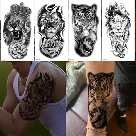 Autocollant de Tatouage Temporaire Imperméable Noir et Blanc Animal Tigre Loup Faux Tatouage Pour Bras Corps Fête