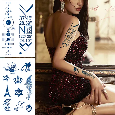 Feuille d'Autocollant de Tatouage Imperméable Semi-Permanent aux Herbes Géométrique Lettre Florale Corps Art Tatouage Temporaire Pour Femmes Hommes
