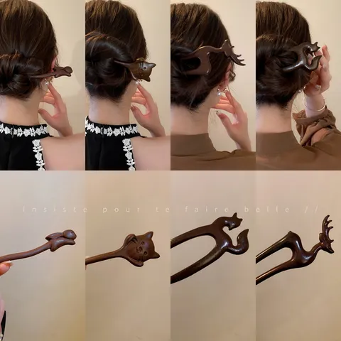 Neo-Chinese Style Wooden Hair Stick Vintage Fox Deer Carved Hair Fork Elegant Tassel Hairpin For Women Updo Headwear Gift