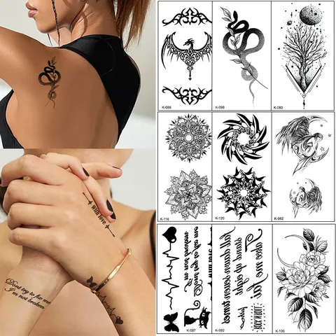 Autocollant de Tatouage Temporaire Imperméable Motif Géométrique Animal Ligne Noire Art Corporel Faux Tatouage Pour Fête Femmes Hommes