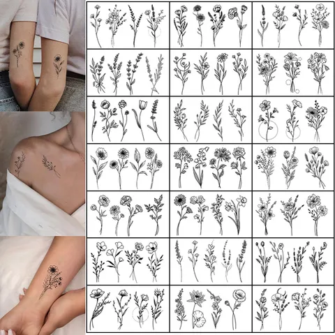 Adesivi per Tatuaggi Temporanei a Trasferimento d'Acqua Bianco e Nero Minimalista Floreale Geometrico Arte Lineare Finto Tatuaggio