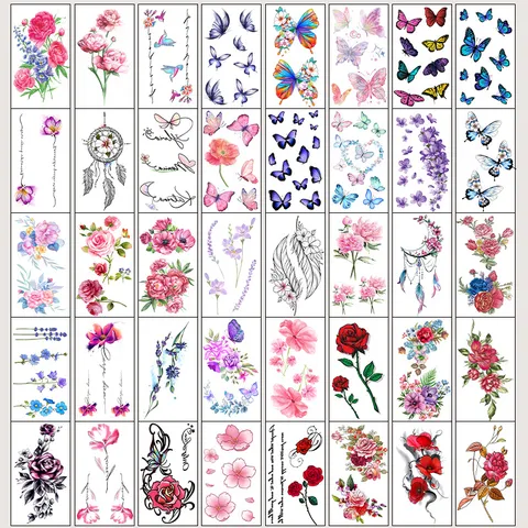 Autocollant de Tatouage Temporaire Imperméable Fleurs fraîches Papillon Attrape-rêves Plume Art Corporel pour Femme