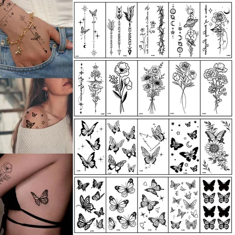 Autocollants de Tatouage Temporaire Imperméables Ligne Noire Papillon Floral Géométrie Art Corporel Autocollant de Tatouage pour Femmes Hommes
