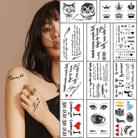 Autocollant de Tatouage Temporaire Imperméable Ligne de Lettres Noires Art Corporel Géométrique Faux Tatouage Pour Bras Et Décoration Corps
