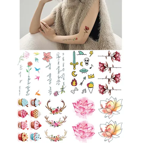 Autocollant de Tatouage Temporaire Imperméable Fleur Fraîche Lettres Anglaises Design Dessiné à la Main Autocollant Art Corporel Pour Femmes et Hommes