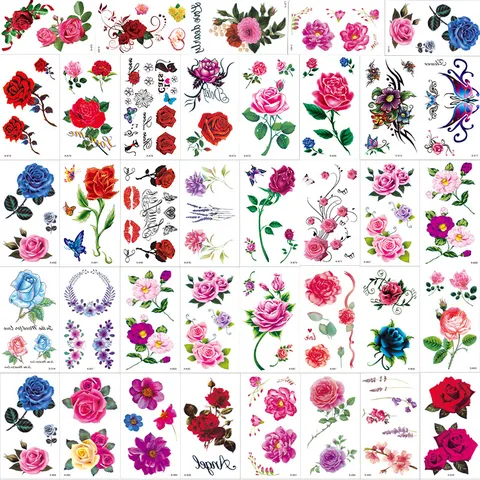 Autocollants de Tatouage Temporaire Imperméables Rose Florale Pivoine Papillon Art Corporel Géométrique Faux Tatouages