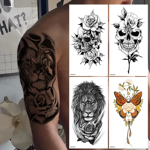Pegatina de Tatuaje Temporal Impermeable Geométrico Animal Lobo León Cráneo Rosa Flor Arte Corporal Falso Tatuaje