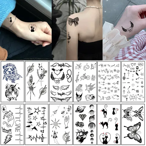 Autocollant de Tatouage Temporaire Imperméable Ligne de Croquis Fleur Papillon Animal Art Gothique Corps Art Faux Autocollant de Tatouage pour Femmes Hommes