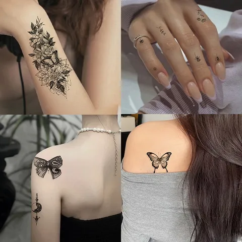 Autocollant de Tatouage Temporaire Imperméable Ligne de Croquis Fleur Papillon Animal Art Gothique Corps Art Faux Autocollant de Tatouage pour Femmes Hommes