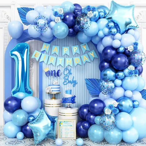 Donker Lichtblauw Ster Verjaardag Ballonnenboog Frame Baby Eerste Jaar Feest Slingers Banner Bloem Ballon Decoratie Combo