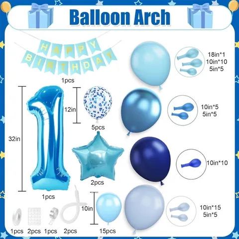 Donker Lichtblauw Ster Verjaardag Ballonnenboog Frame Baby Eerste Jaar Feest Slingers Banner Bloem Ballon Decoratie Combo
