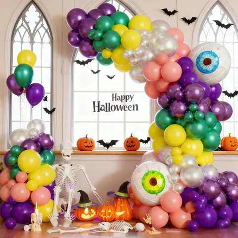 Halloween Balloon Arch Kit Purple Green Latex Foil Balloons Skeleton Eyeball Bat Garland Haunted House Party Decor
