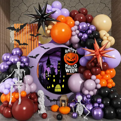 Black Purple Spider Explosion Star Balloon Arch Kit Halloween Party Dark Themed Latex Aluminum Film Garland Decoration Kit