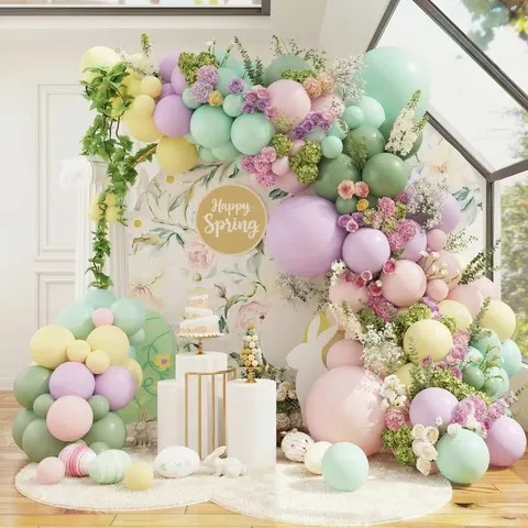 Kit Arche Guirlande de Ballons Macaron de Printemps Avec Décoration Florale Artificielle Ballons en Latex Pastel pour Anniversaire Pâques Fête Fond