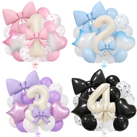 Luxurious Bow Knot Number Balloon Collection Latex Aluminum Film Birthday Party Decoration For Baby Anniversary Celebration