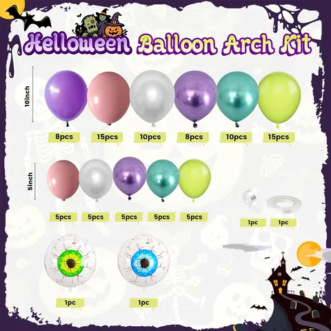 Halloween Balloon Arch Kit Purple Green Latex Foil Balloons Skeleton Eyeball Bat Garland Haunted House Party Decor