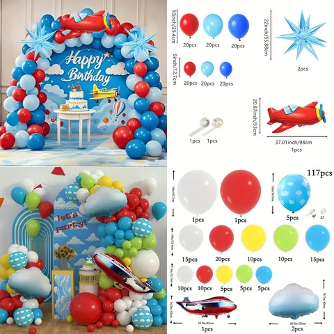 Kit Arche Ballons Décoration Fête Anniversaire Thème Aviation Ballons Latex Aluminium Avion Nuage pour Enfants