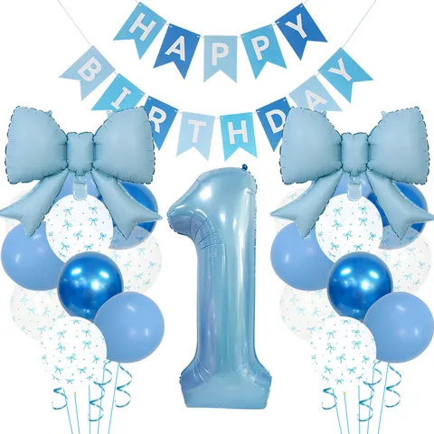 Frisse Stijl Aluminiumfolie Latex Ballonnen Banner Set Strik Gevormd Bedrukte Ballonnen Fijne Verjaardag Feest Decoratie Set Voor Kinderen Eerste Verjaardag Layout