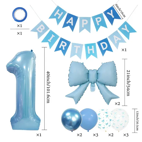 Frisse Stijl Aluminiumfolie Latex Ballonnen Banner Set Strik Gevormd Bedrukte Ballonnen Fijne Verjaardag Feest Decoratie Set Voor Kinderen Eerste Verjaardag Layout