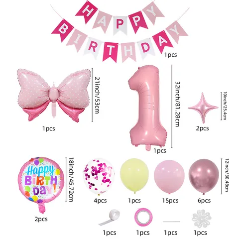 Ins Style Birthday Party Balloon Set Happy Birthday Banner Bow Flower Number Foil Latex Balloons Pink Blue Baby Shower Decorations