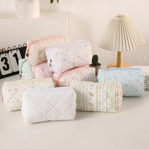 Acolchado Octogonal Bolsa de Cosméticos Estampado Floral Bolsa de Aseo Tela Suave Gran Capacidad Viaje Organizador para Mujeres